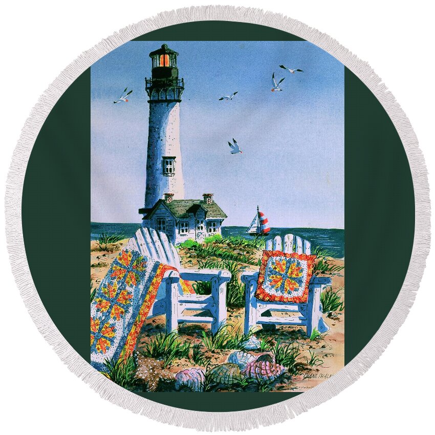 Lighthouse Round Beach Towel featuring the painting Summer at the Shore by Diane Phalen
