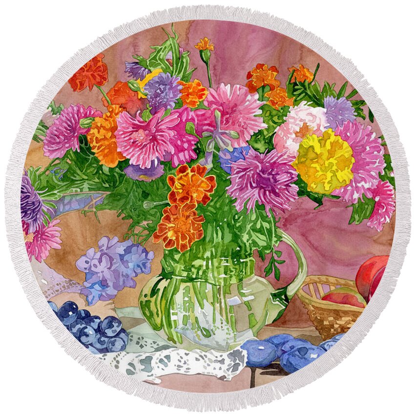 Summer Round Beach Towel featuring the painting Summer Bouquet by Espero Art