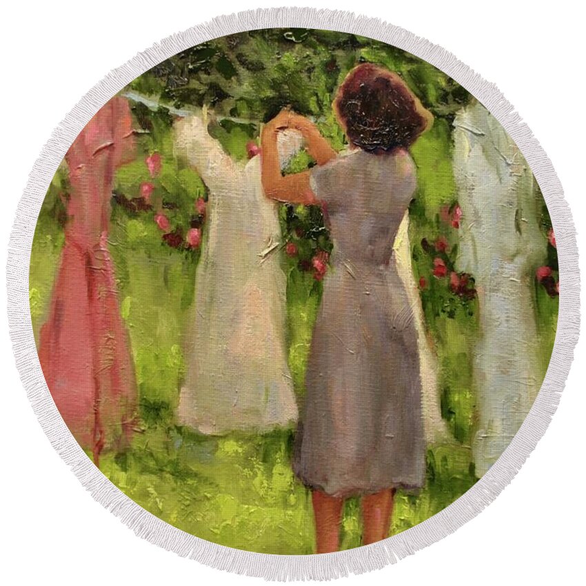 Women Hanging Clothes Round Beach Towel featuring the painting Summer Breeze by Ashlee Trcka