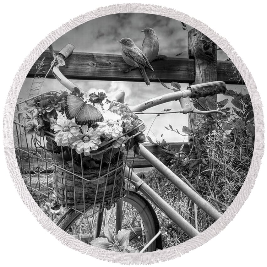 Barns Round Beach Towel featuring the photograph Summer Breeze on a Bicycle Black and White by Debra and Dave Vanderlaan