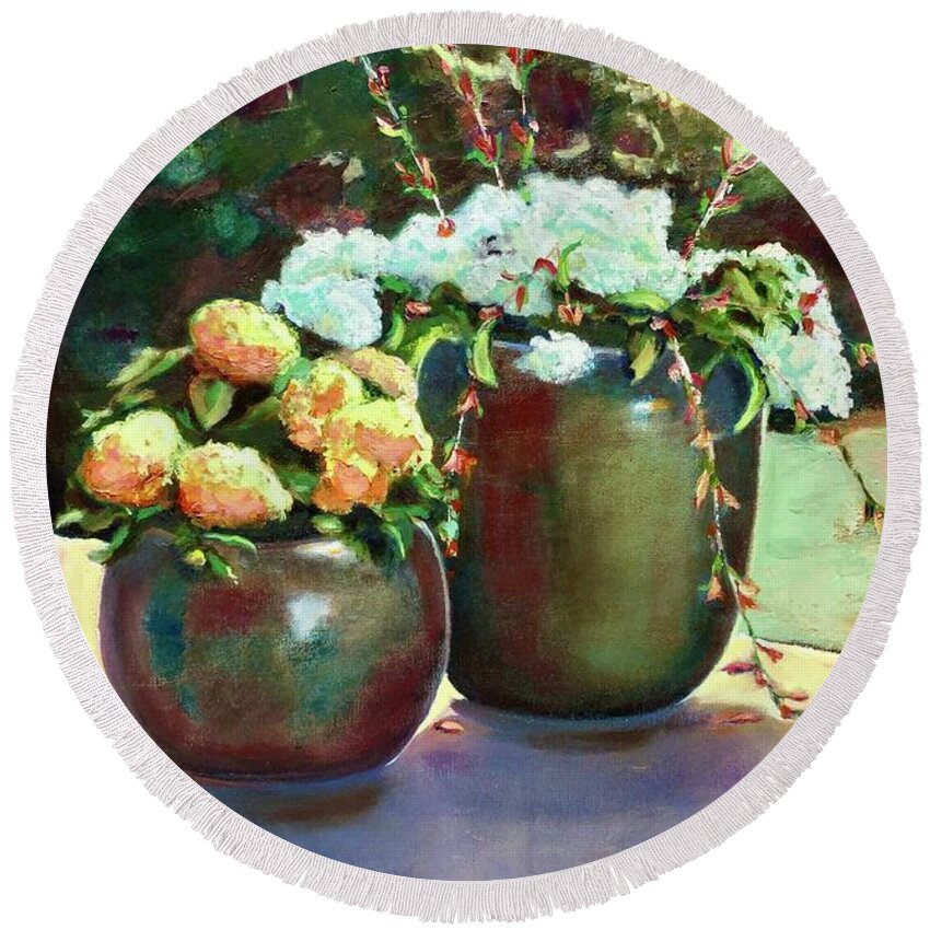 Pots Round Beach Towel featuring the painting Summer garden by Lana Sylber