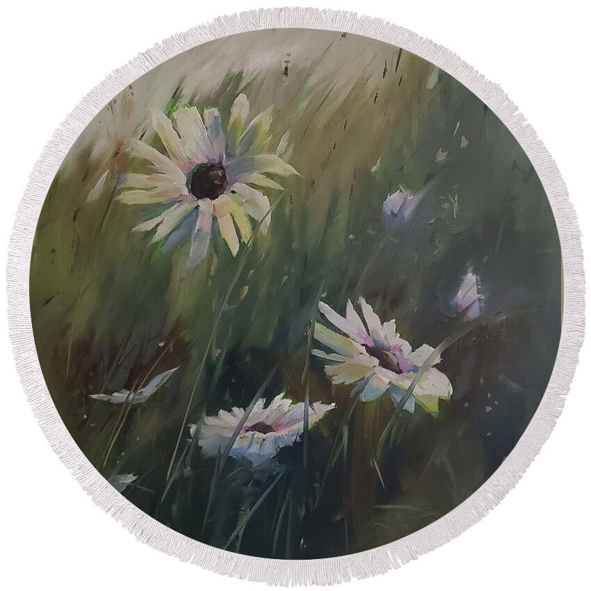Daisy Round Beach Towel featuring the painting Summer is Daisies by Sheila Romard