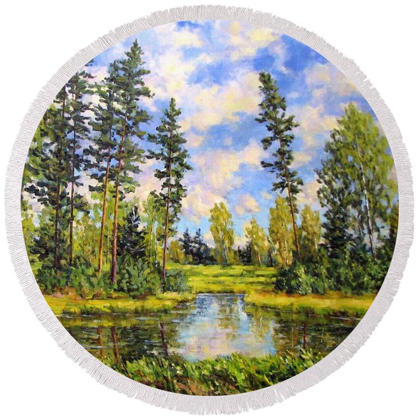 Summer Landscape Round Beach Towel featuring the painting Summer landscape 8 by Kastsov