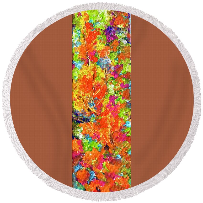 Red And Orange Flowers Long Size Landscape Fire Element. Round Beach Towel featuring the painting Summer magic 1. by Caroline Patrick