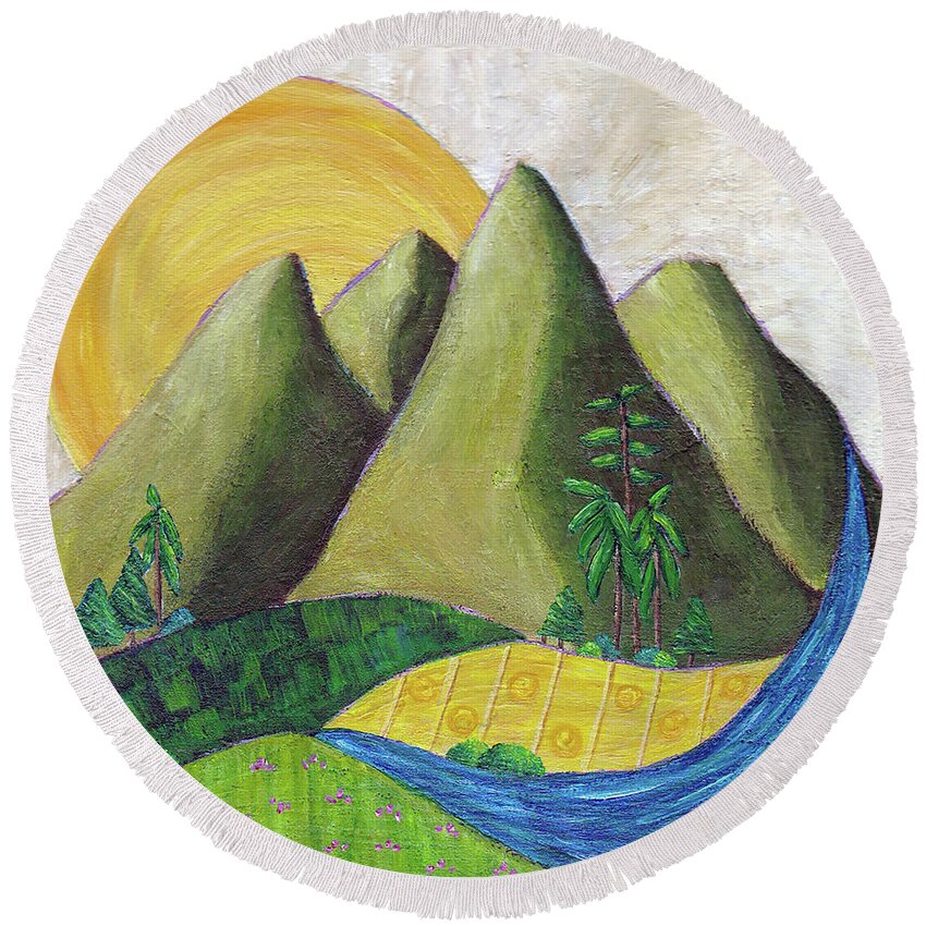 Mountain Round Beach Towel featuring the painting Summer Mountains by Winona's Sunshyne