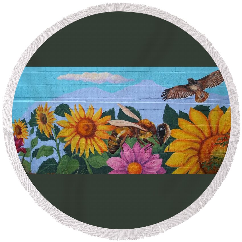 Backyard Mural Detail Round Beach Towel featuring the painting Summer Mural by Marian Berg