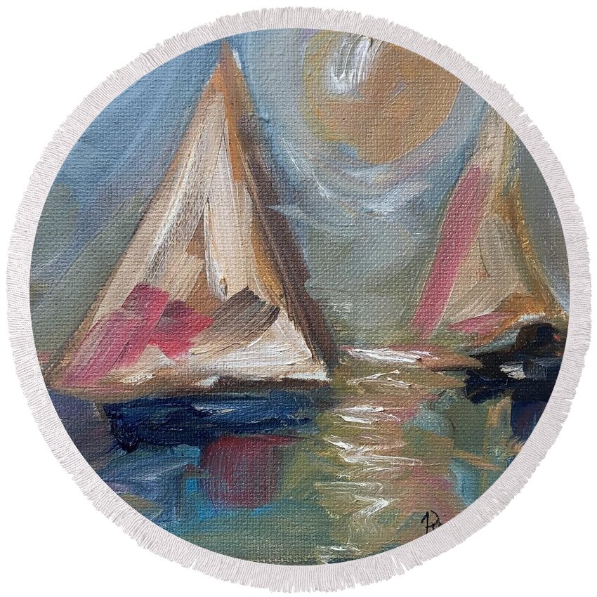 Sailboat Painting Round Beach Towel featuring the painting Summer Sailing by Roxy Rich