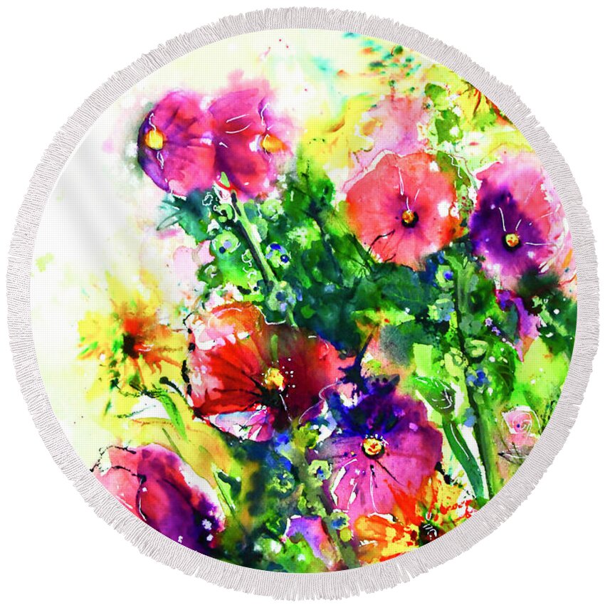 Hollyhocks Round Beach Towel featuring the painting Summer With The Hollyhocks by Cheryl Prather