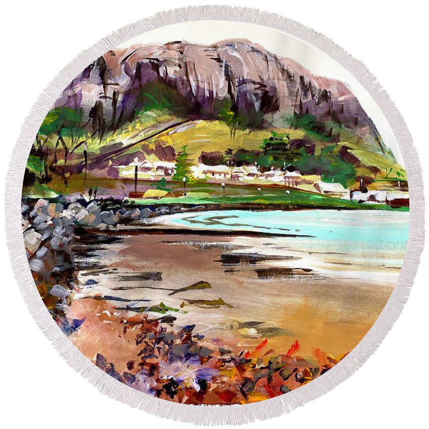 Mountain Round Beach Towel featuring the painting SummerAtStanleyTasmania-rawEdge by Shirley Peters