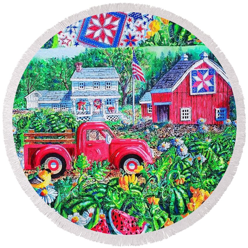 Red Truck Round Beach Towel featuring the painting Summertime by Diane Phalen