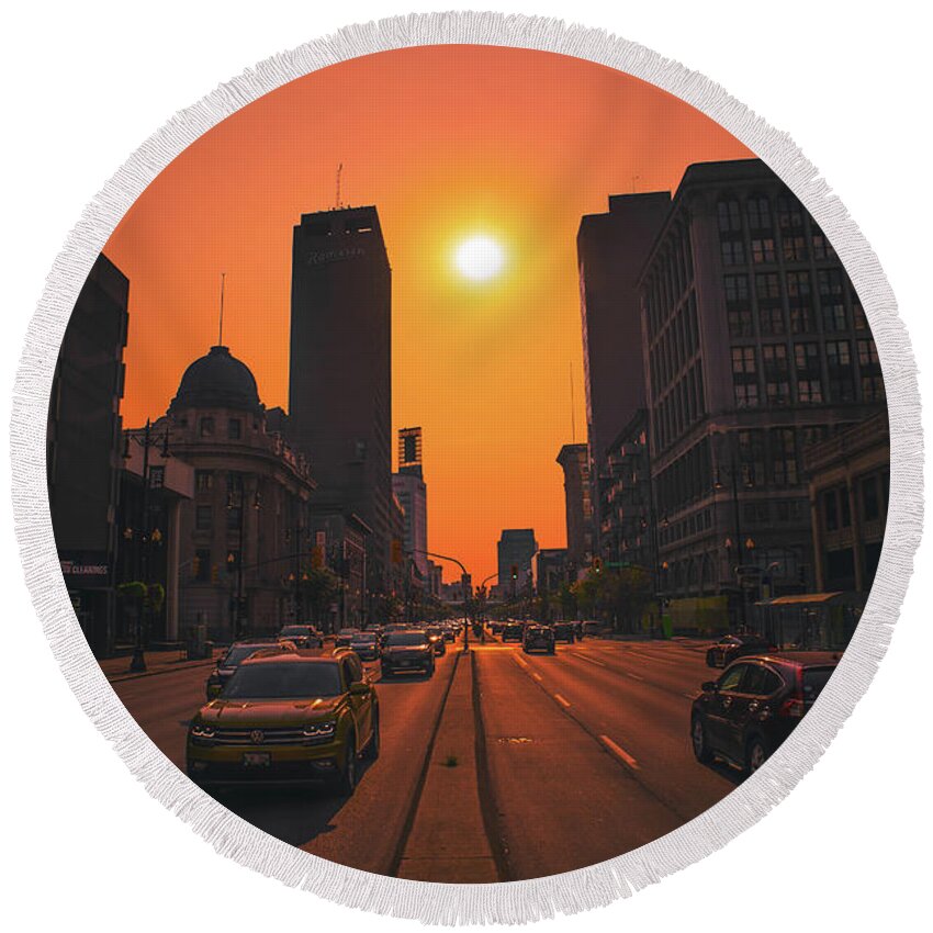 Winnipeg Round Beach Towel featuring the photograph Sunset above Portage Avenue by Jay Smith