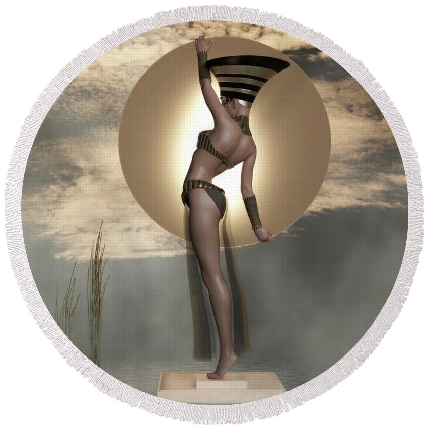 Sun Goddess Round Beach Towel featuring the digital art Sun Goddess Art Deco by Shanina Conway