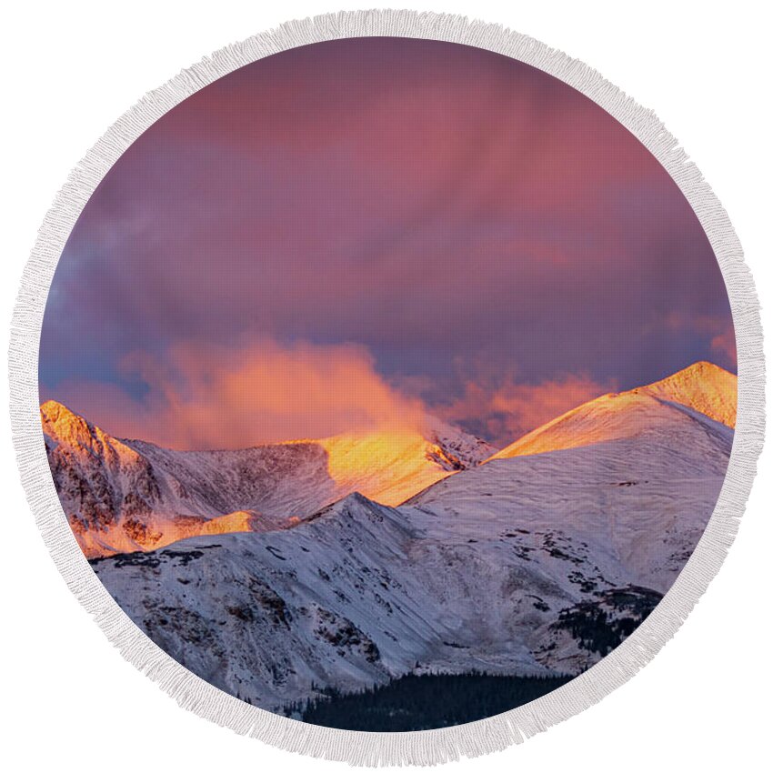Breckenridge Round Beach Towel featuring the photograph Sun Kissed Peaks by Jeff Phillippi