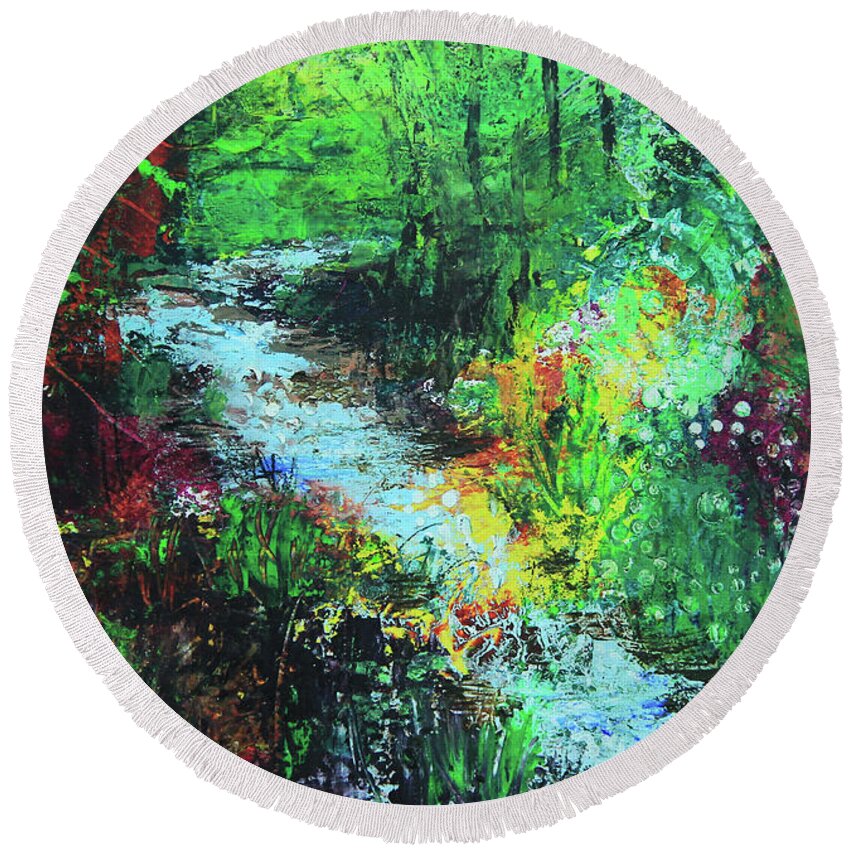 Landscape Round Beach Towel featuring the painting Sun Splash Stream by Jeanette French