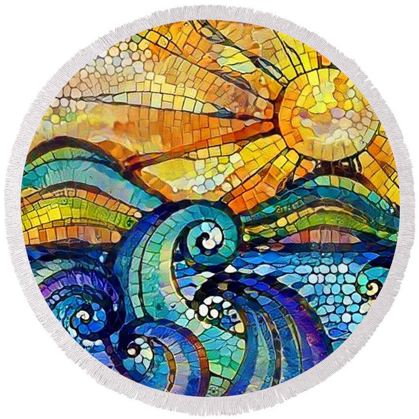 Cbs News Sunday Morning Image Sun Art With Waves Round Beach Towel featuring the mixed media Sun With Waves Digital Painting by Sandi OReilly