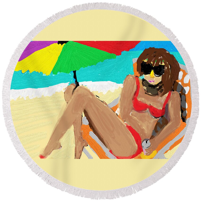 Sun Round Beach Towel featuring the digital art Sunbather With Mask by Diane Dahm