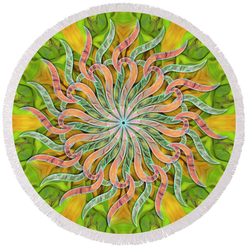 Spin-flower Mandala Round Beach Towel featuring the digital art Sunflorium Delightus by Becky Titus