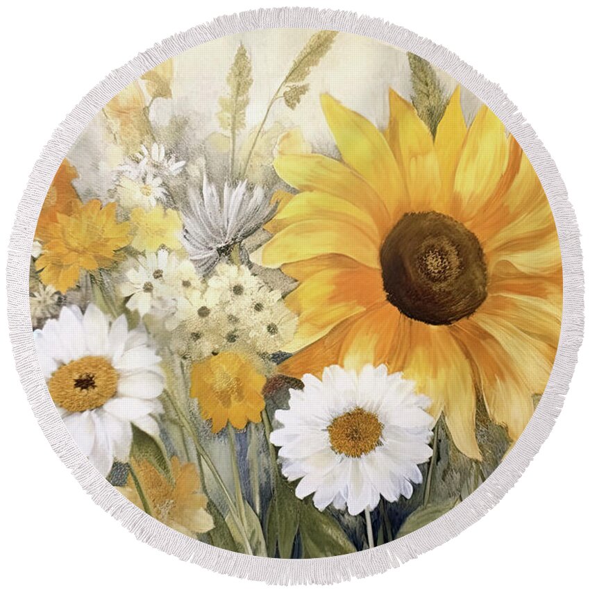 Sunflower Round Beach Towel featuring the painting Sunflower Botanicals by Tina LeCour
