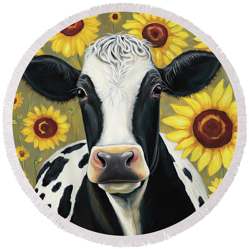 Cow Round Beach Towel featuring the painting Sunflower Country Cow by Tina LeCour
