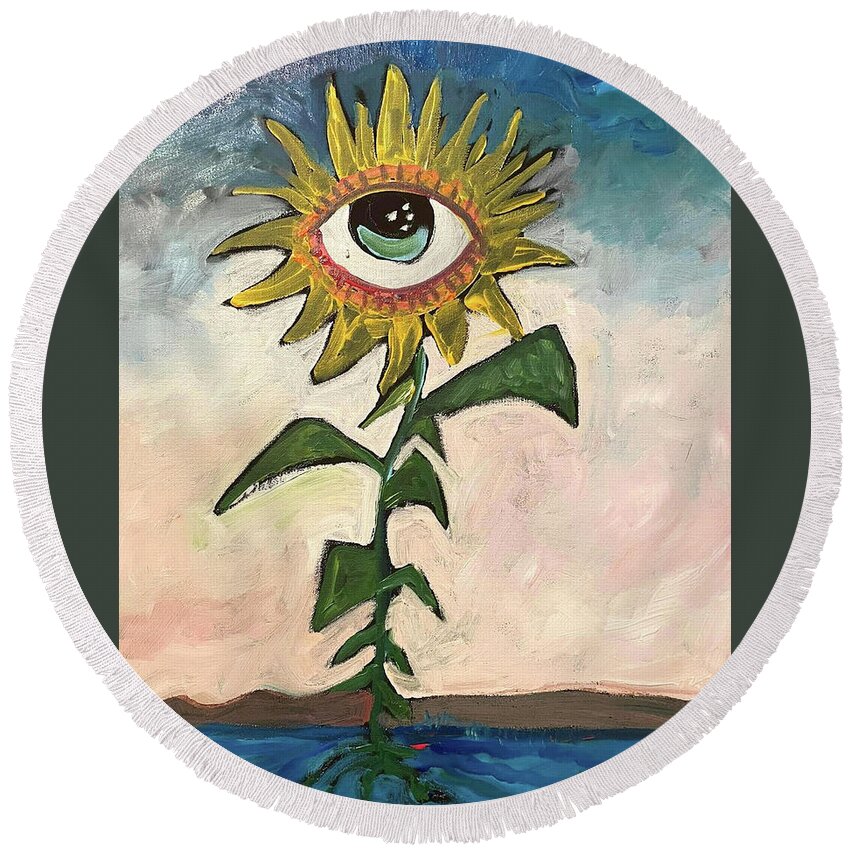 Sunflower Round Beach Towel featuring the painting Sunflower Dance by Amzie Adams