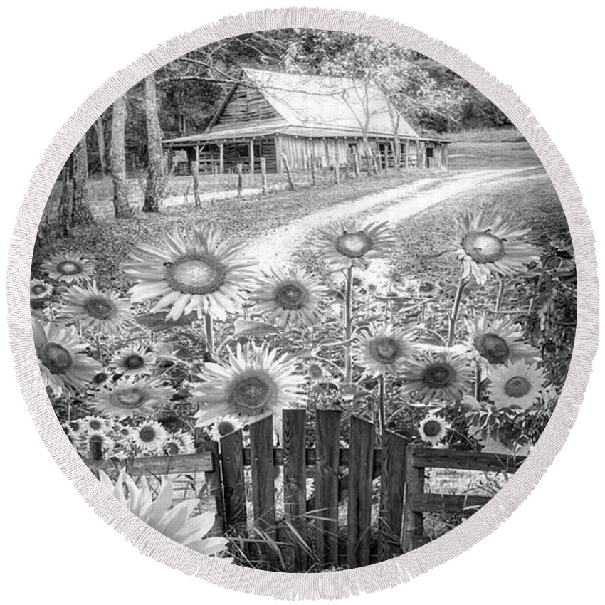 Barns Round Beach Towel featuring the photograph Sunflower Farm Barn Black and White by Debra and Dave Vanderlaan