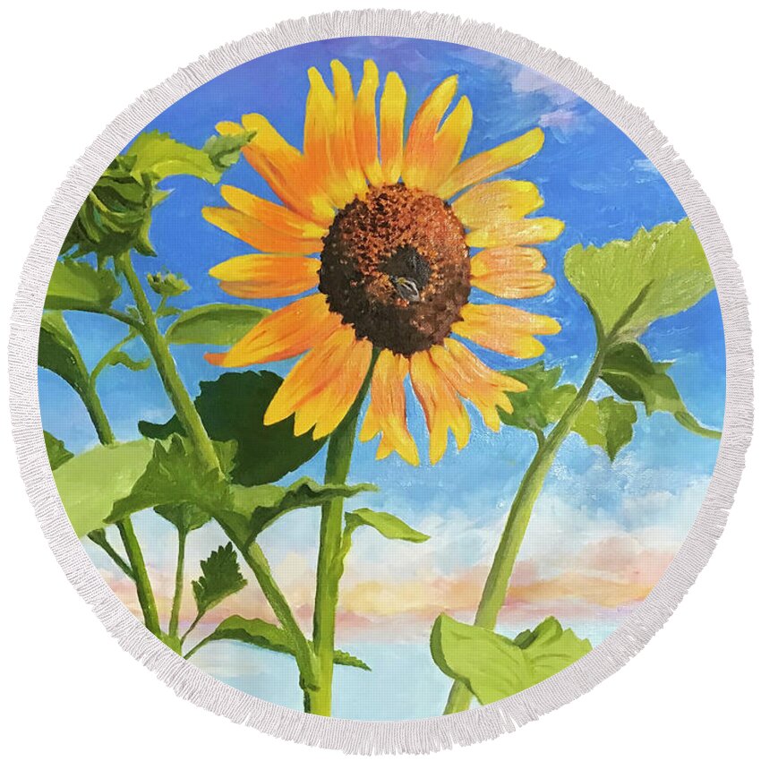 Sunflower Round Beach Towel featuring the painting Sunflower OBX by Anne Marie Brown