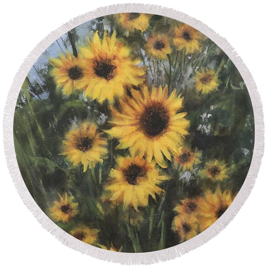 Sunflower Round Beach Towel featuring the painting Sunflower Proposal by Tom Shropshire