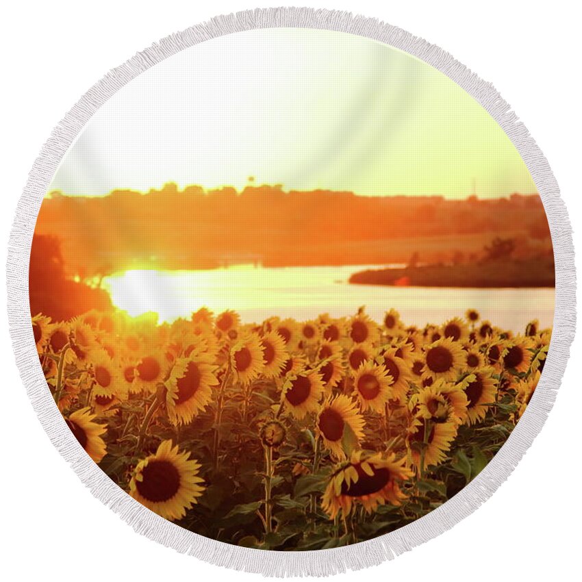 Summer Round Beach Towel featuring the photograph Sunflowers At Sunset by Lens Art Photography By Larry Trager