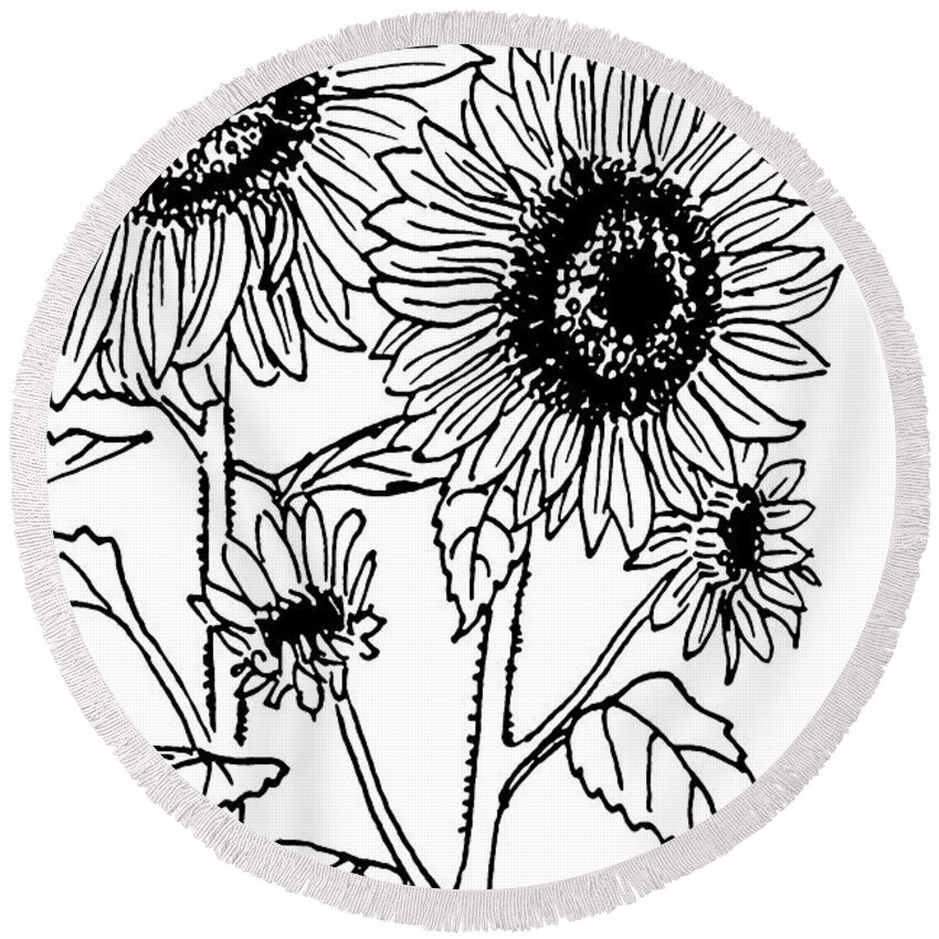 Sunflowers Round Beach Towel featuring the drawing Sunflowers 4 by Masha Batkova