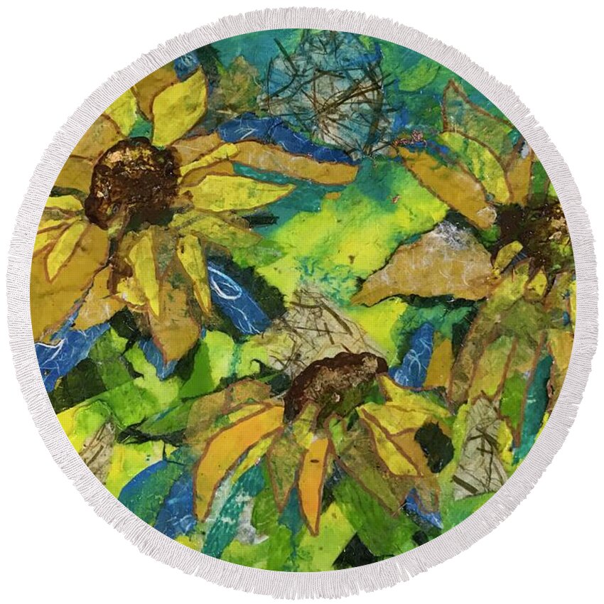 Sunflowers Round Beach Towel featuring the painting Sunflowers by the Sea by Elaine Elliott