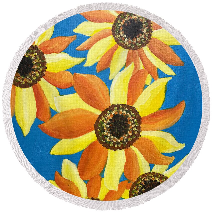 Sunflower Round Beach Towel featuring the painting Sunflowers Five by Christina Wedberg