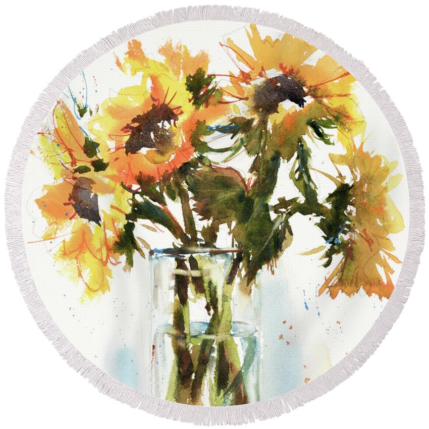 Sunflower Round Beach Towel featuring the painting Sunflowers for Ukraine by Judith Levins