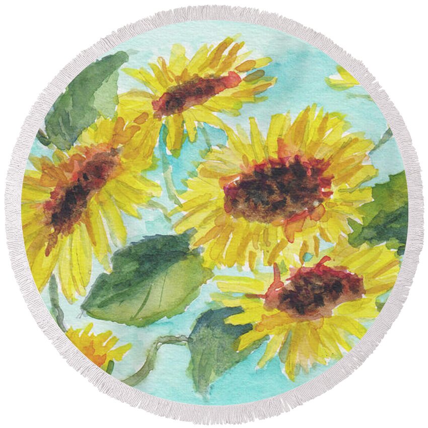 Sunflowers Round Beach Towel featuring the painting Sunflowers II by Clara Sue Beym