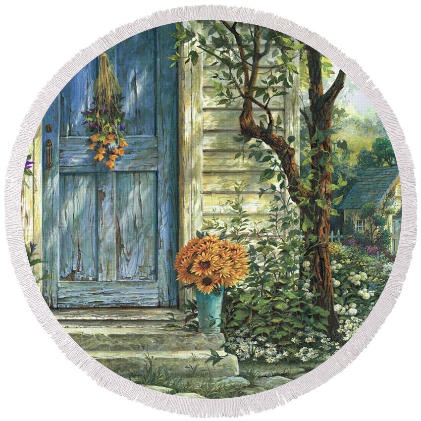 Michael Humphries Round Beach Towel featuring the painting Sunflowers by Michael Humphries