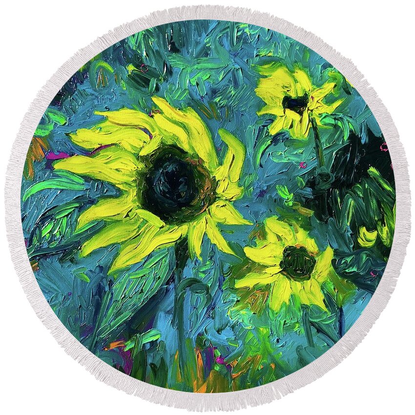 Sunflowers Round Beach Towel featuring the painting Sunflowers on teal by Chiara Magni