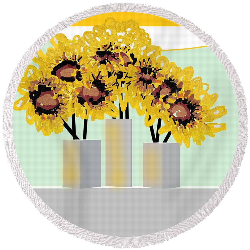 Florals Round Beach Towel featuring the digital art Sunflowers, Table Vases Flowers Light II by LBDesigns