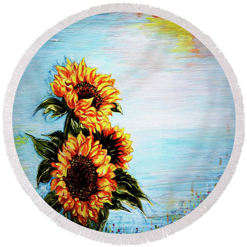 Sunflowers Round Beach Towel featuring the painting Sunflowers - Where Ocean meets the Sky by Harsh Malik