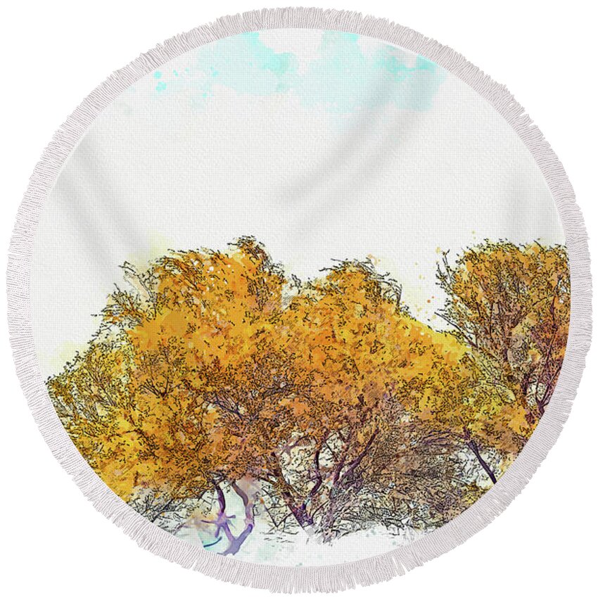 Tree Round Beach Towel featuring the painting Sunken trees, ca 2021 by Ahmet Asar, Asar Studios by Celestial Images