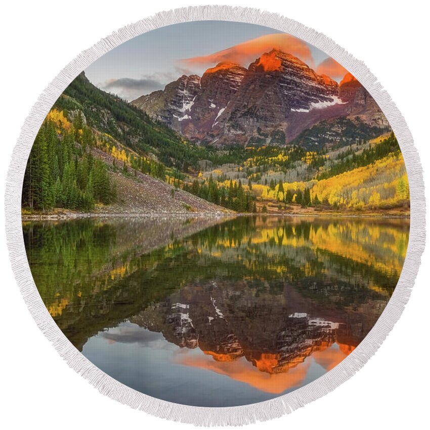 Mountains Round Beach Towel featuring the photograph Sunkissed Peaks by Darren White