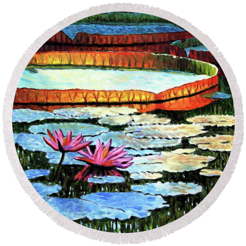 Water Lily Round Beach Towel featuring the painting Sunlight On Lily Pad by John Lautermilch
