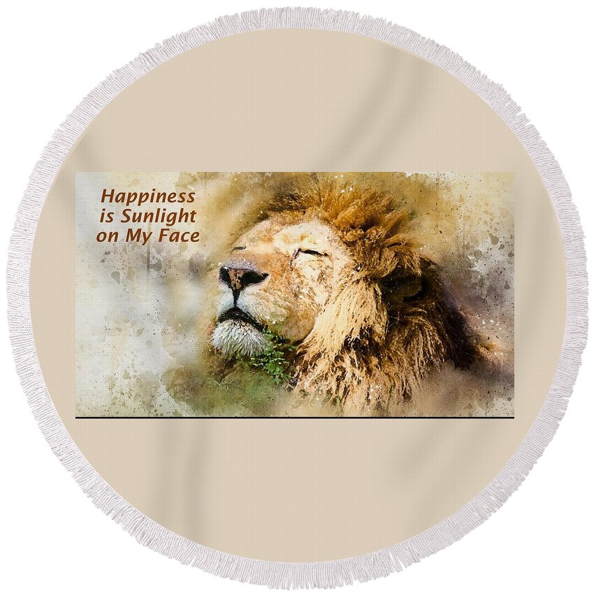 Lion Round Beach Towel featuring the mixed media Sunlight on My Face by Nancy Ayanna Wyatt