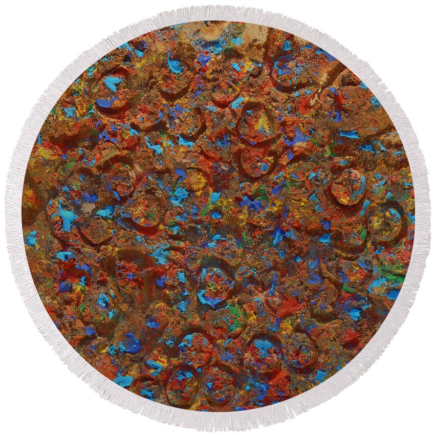 Sunny Circles Round Beach Towel featuring the mixed media Sunny Circles - Icy Abstract 27 by Sami Tiainen