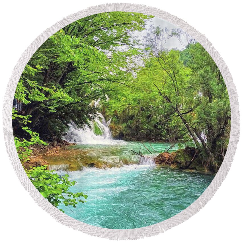 Waterfall Round Beach Towel featuring the photograph Sunny Day at the Forest Waterfall by Alex Mir