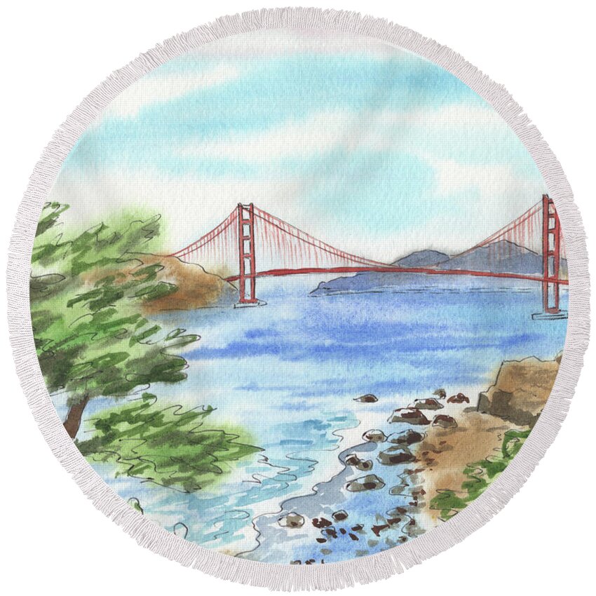Golden Gate Round Beach Towel featuring the painting Sunny Day In San Francisco Bay Golden Gate Bridge Watercolor by Irina Sztukowski