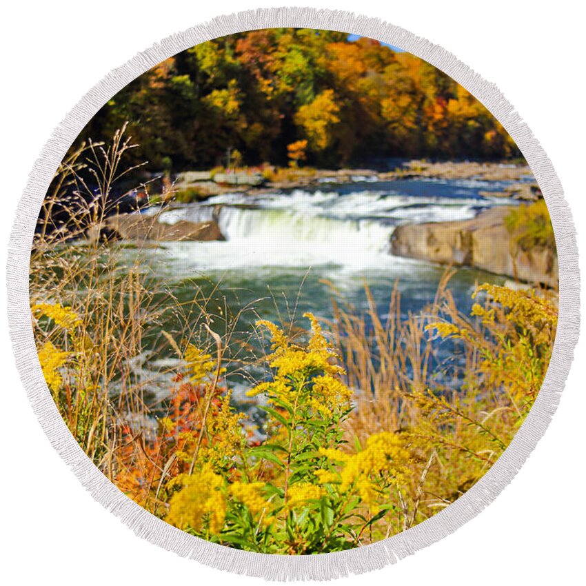 Ohiopyle Falls Round Beach Towel featuring the photograph Sunny Fall Day at Ohiopyle Falls by SCB Captures