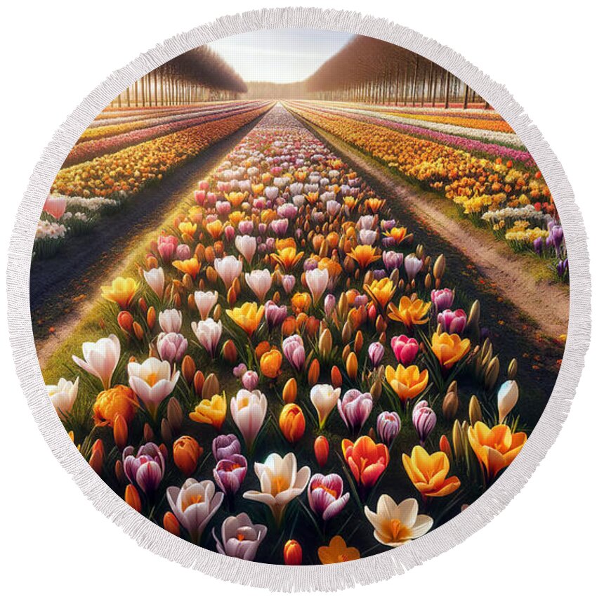 Tulips Round Beach Towel featuring the digital art Sunny rows of colorful tulips and crocuses in a blooming field, by Odon Czintos