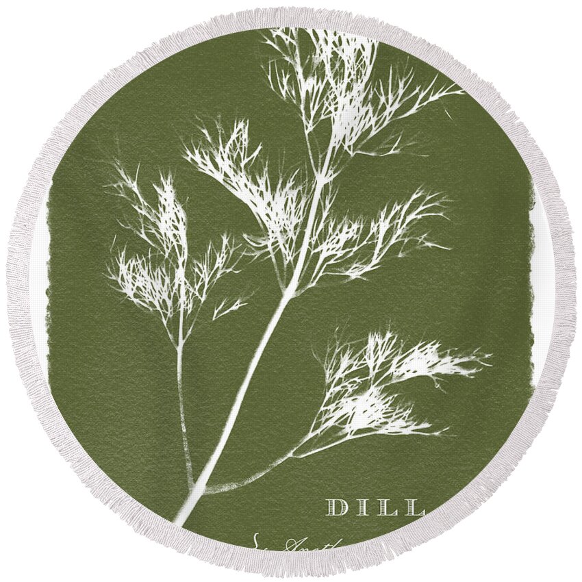 Olive Round Beach Towel featuring the painting Sunprinted Herbs in Green - Dill - Art by Jen Montgomery by Jen Montgomery