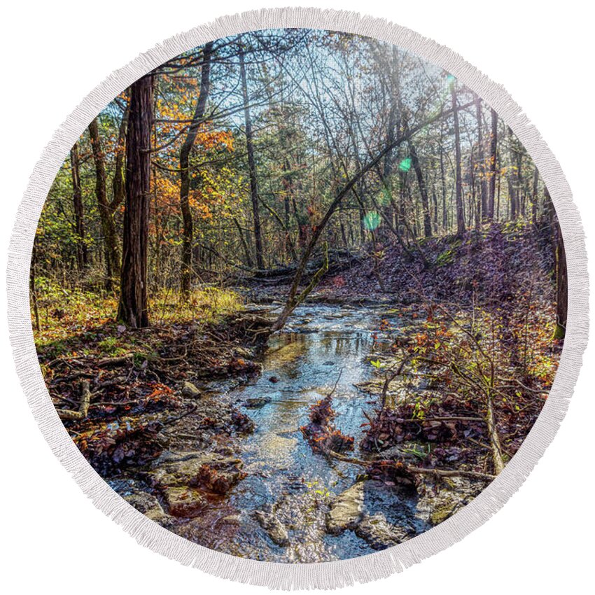 Branson Round Beach Towel featuring the photograph Sunrays Over Country Creek by Jennifer White