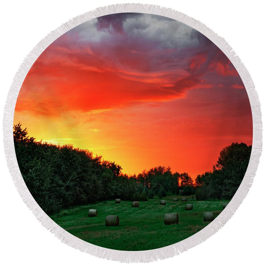 Landscape Round Beach Towel featuring the photograph Sunrise and Bales by Dan Jurak