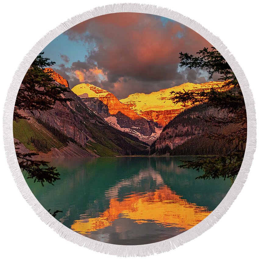 Canada Round Beach Towel featuring the photograph Sunrise at Canada's Lake Louise by Mitchell R Grosky